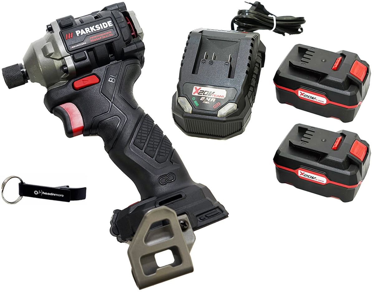 Ensemble HEADNMORE® - Clé à chocs sans fil PARKSIDE PERFORMANCE® 20V - 1/4" PDSSAP 20 + Porte-clés HEADNMORE® (batterie 2x4Ah incluse)